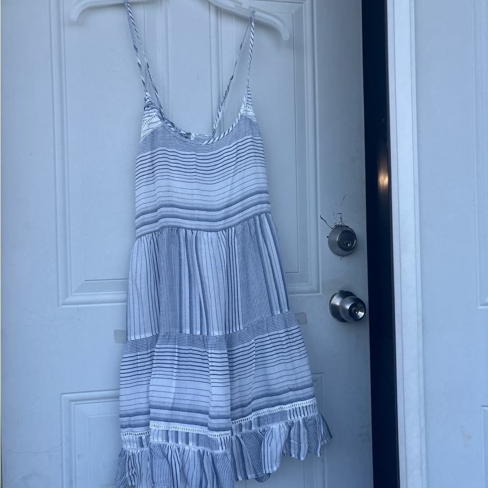 Striped Blue Midi Sundress with Ruffle Hem